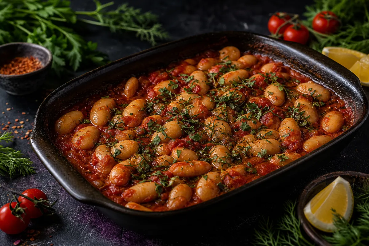 Griechische Riesenbohnen in Tomatensauce aus dem Ofen (Gigantes Plaki)